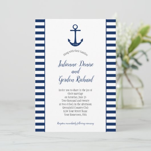 ネイビーブルーホワイトストライプいかり航海の結婚式 招待状 (スタンド正面)