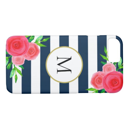 ネイビーブルーホワイトストライプのウォーターカラーフローラモノグラム Case-Mate iPhoneケース (裏面(横))