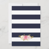 ネイビーブルーホワイトストライプの赤面ピンクフローラズ 招待状 (裏面)