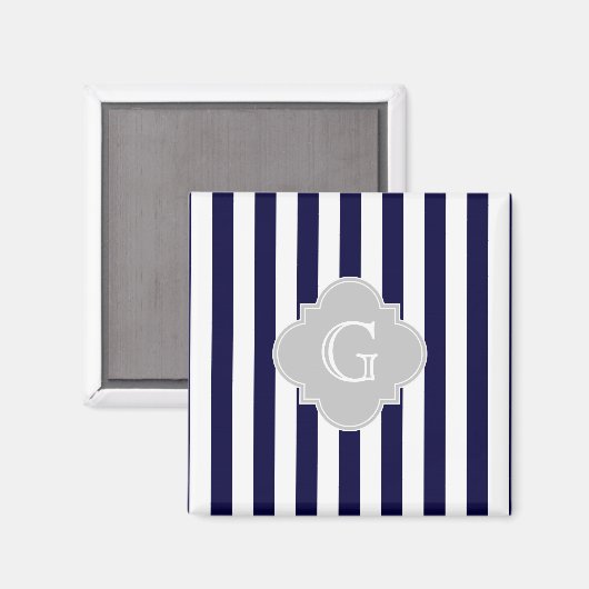 ネイビーブルーホワイトストライプクローバーリットグレー文字 マグネット (正面/裏面)