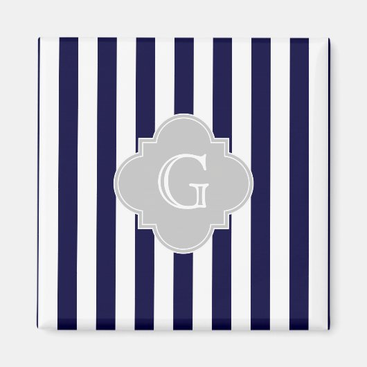 ネイビーブルーホワイトストライプクローバーリットグレー文字 マグネット (正面)