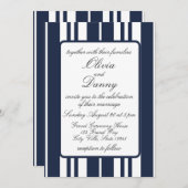 ネイビーブルーホワイトストライプズコースタルシーサイド結婚ズ 招待状 (正面/裏面)