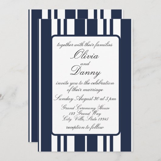 ネイビーブルーホワイトストライプズコースタルシーサイド結婚ズ 招待状 (正面/裏面)