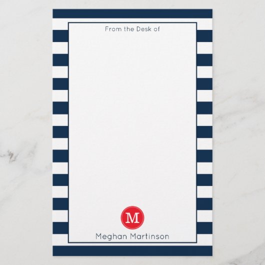 ネイビーブルーホワイトストライプズミニマルシックレッドモノグラム 便箋 (正面)