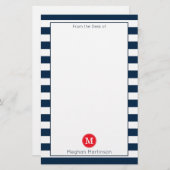 ネイビーブルーホワイトストライプズミニマルシックレッドモノグラム 便箋 (正面/裏面)