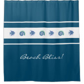 ネイビーブルーホワイトストライプビーチシェルフィッシュ シャワーカーテン (正面)