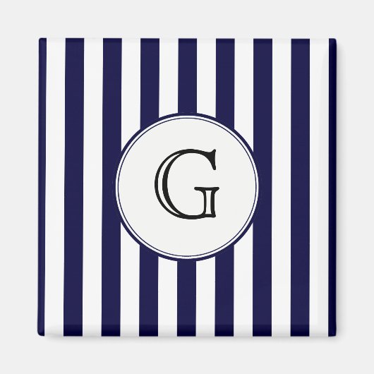 ネイビーブルーホワイトストライプラウンドウィットモノグラムラベル マグネット (正面)
