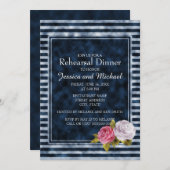 ネイビーブルーホワイトストライプヴィンテージフローラリハーサル 招待状 (正面/裏面)
