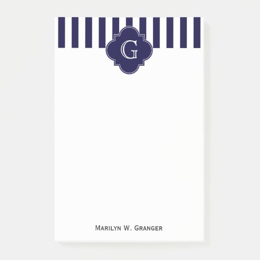 ネイビーブルーホワイトストライプ、ネイビーラベルモノグラム ポストイット (正面)