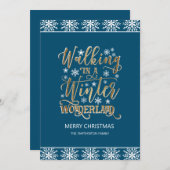 ネイビーブルーホワイトスノーフレーク金ゴールドメリークリスマス 招待状 (正面/裏面)