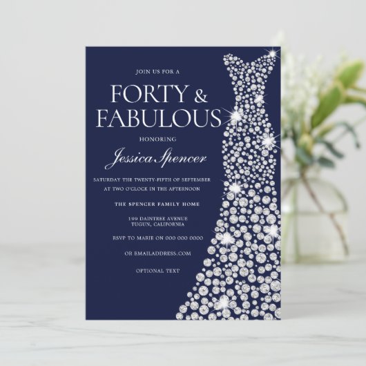 ネイビーブルーホワイトダイヤモンドドレス40歳の誕生日パーティー 招待状 (スタンド正面)