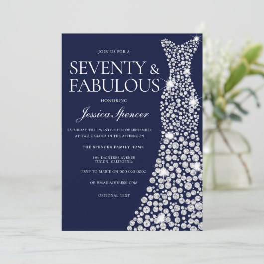 ネイビーブルーホワイトダイヤモンドドレス70th誕生日パーティー 招待状 (スタンド正面)