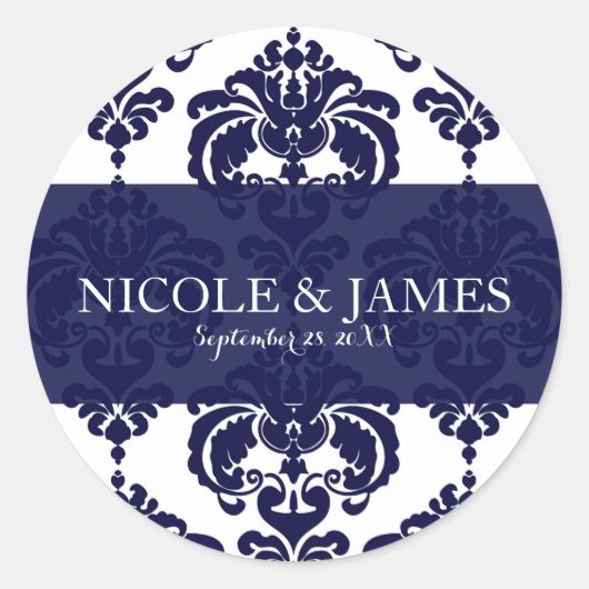 ネイビーブルーホワイトダマスクヴィンテージウェディングイベントのお願い ラウンドシール (正面)