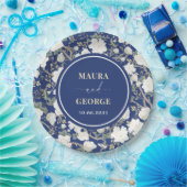 ネイビーブルーホワイトチノワズリーフローラ結婚の鳥 ペーパープレート (パーティー)