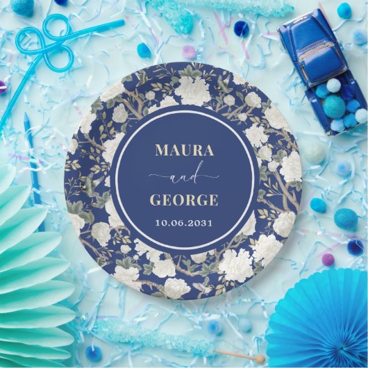 ネイビーブルーホワイトチノワズリーフローラ結婚の鳥 ペーパープレート (パーティー)