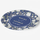 ネイビーブルーホワイトチノワズリーフローラ結婚の鳥 ペーパープレート (アングル)