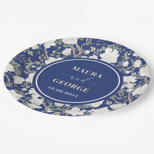 ネイビーブルーホワイトチノワズリーフローラ結婚の鳥 ペーパープレート (アングル)