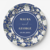 ネイビーブルーホワイトチノワズリーフローラ結婚の鳥 ペーパープレート (正面)