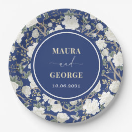 ネイビーブルーホワイトチノワズリーフローラ結婚の鳥 ペーパープレート