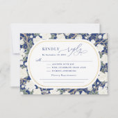 ネイビーブルーホワイトチャイノエリーフローラウェディングRSVP カード (正面)