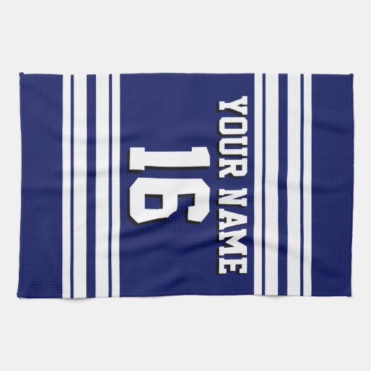 ネイビーブルーホワイトチームジャージカスタムー番号名 キッチンタオル (横)