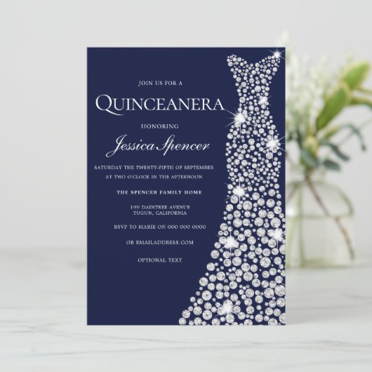 ネイビーブルーホワイトドレスキンセアニェラパーティー招待状 招待状 (スタンド正面)