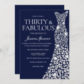 ネイビーブルーホワイトドレス30th素晴らしい誕生日パーティー 招待状 (正面/裏面)