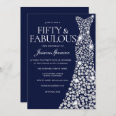 ネイビーブルーホワイトドレス50th素晴らしい誕生日パーティー 招待状 (正面/裏面)