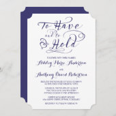 ネイビーブルーホワイトハートの保持結婚に 招待状 (正面/裏面)