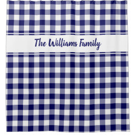 ネイビーブルーホワイトバッファロープレイドパターン名前をカスタムする シャワーカーテン