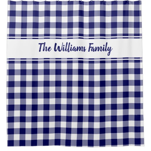 ネイビーブルーホワイトバッファロープレイドパターン名前をカスタムする シャワーカーテン (正面)