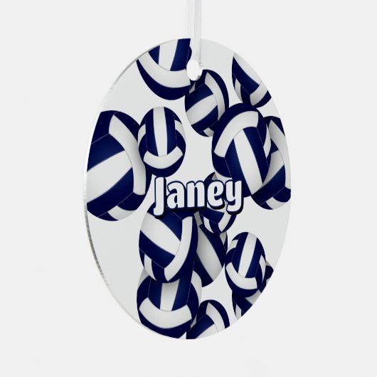 ネイビーブルーホワイトバレーボールアスリート名keepsake メタルオーナメント (正面右)