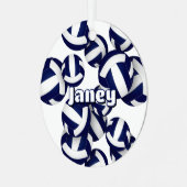 ネイビーブルーホワイトバレーボールアスリート名keepsake メタルオーナメント (正面左)