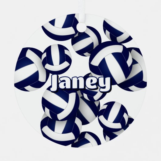 ネイビーブルーホワイトバレーボールアスリート名keepsake メタルオーナメント (正面)