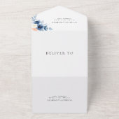 ネイビーブルーホワイトピーチフローラ書道結婚ズ オールインワン招待状 (外側)