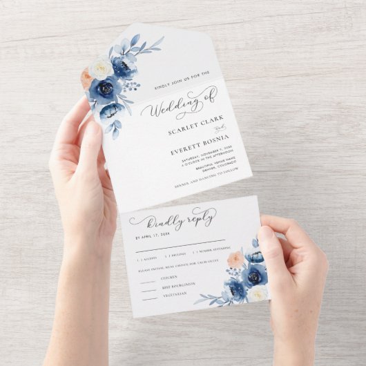 ネイビーブルーホワイトピーチフローラ書道結婚ズ オールインワン招待状 (貼ってはがせる)