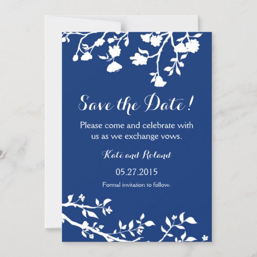 ネイビーブルーホワイトフラワーデイトマグネットを保存 マグネット招待状 (正面)