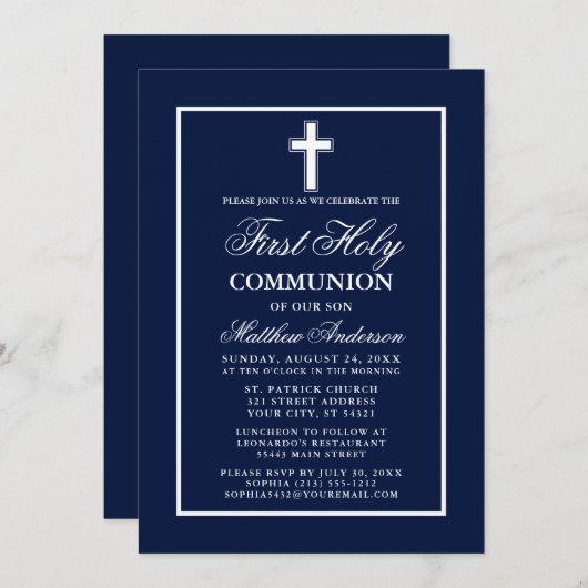 ネイビーブルーホワイトフレームファースト聖餐式 招待状 (正面/裏面)