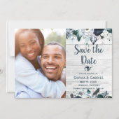 ネイビーブルーホワイトフローラウッド結婚式の日付を保存 マグネット招待状 (正面)