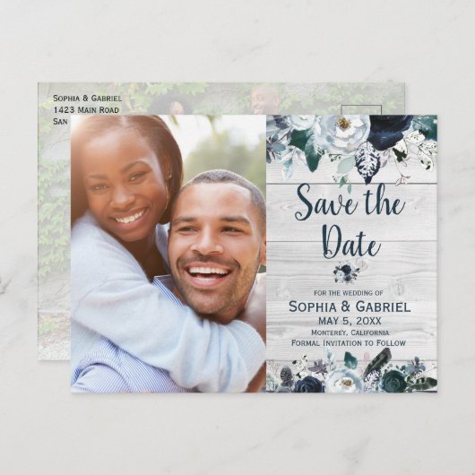 ネイビーブルーホワイトフローラウッド結婚式の日付を保存 案内ポストカード (正面/裏面)