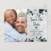 ネイビーブルーホワイトフローラウッド結婚式の日付を保存 案内ポストカード (正面)