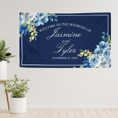 ネイビーブルーホワイトフローラエレガントウェルカム結婚ズ 横断幕