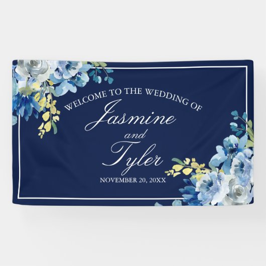 ネイビーブルーホワイトフローラエレガントウェルカム結婚ズ 横断幕 (横)