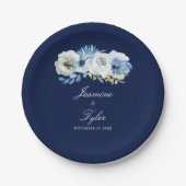 ネイビーブルーホワイトフローラエレガントミニマ結婚リスト ペーパープレート (正面)