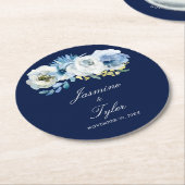ネイビーブルーホワイトフローラエレガントミニマ結婚リスト ラウンドペーパーコースター (アングル)