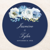 ネイビーブルーホワイトフローラエレガントミニマ結婚リスト ラウンドペーパーコースター (正面)