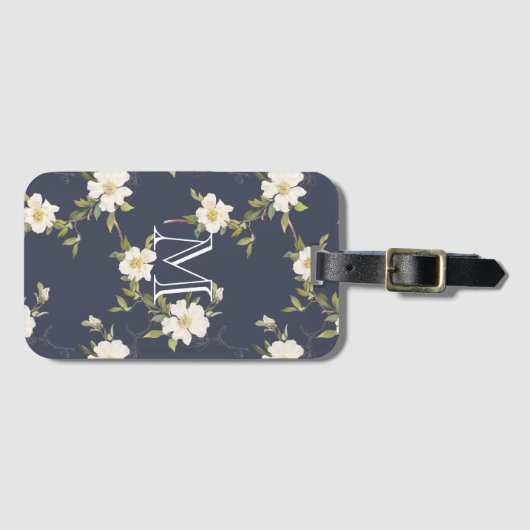 ネイビーブルーホワイトフローラモノグラム ラゲッジタグ (正面横)