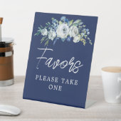 ネイビーブルーホワイトフローラ冬の結婚式の好意 台座サイン (インサイチュ)