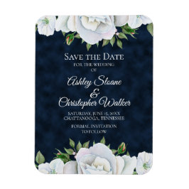 ネイビーブルーホワイトフローラ結婚式の日付を保存 マグネット