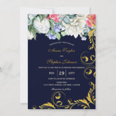 ネイビーブルーホワイトブルーピンク金ゴールドスワーズ植物体 招待状 (正面)